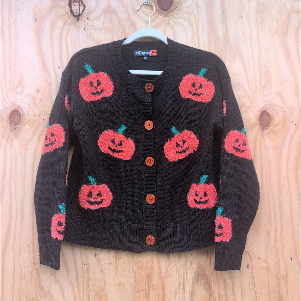 33 Degrees Button Up Halloween Sparkle Pumpkin Cardigan Women's Med